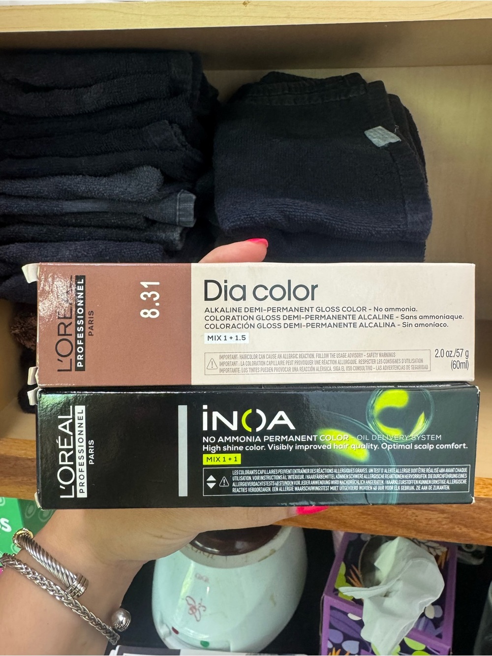 L'Oréal Professionnel Dia Color 8.31 & INOA Hair Color level 5 light brown